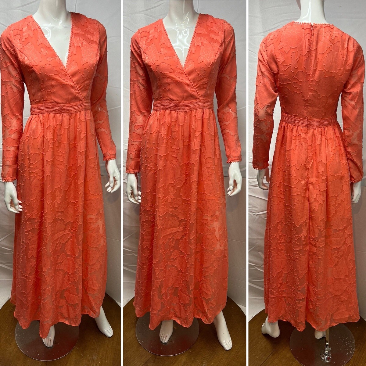 Bebe Women's 4 Peach Crochet Lace Trim Floral Sheer Burnout Maxi Long Dress