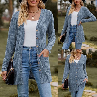 Strickjacke Damen Langarm Cardigan Longbluse Herbstjacke mit Taschen Freizeit