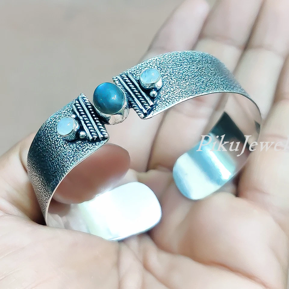 Moonstone & Blue Fire Labradorite Gemstone 925 Sterling Silver Bangle Bracelet - Image 2 of 4