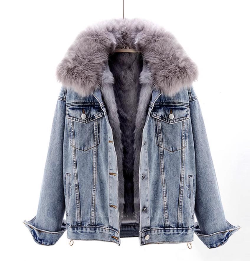 Women's Blue Denim Jean Jacket Detachable Rabbit Fur Collar Warm Lined Coat  Punk