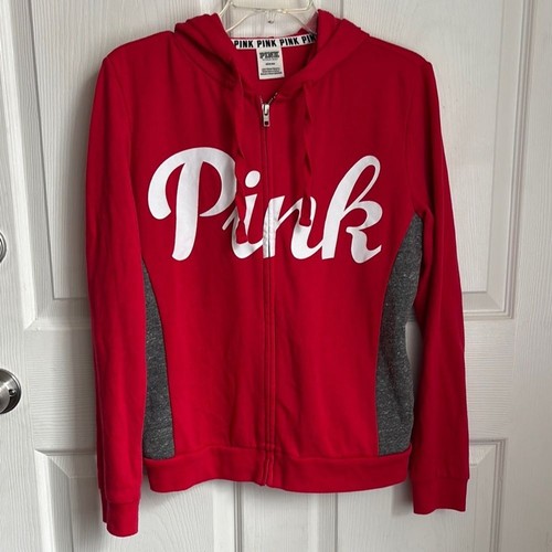 PINK by Victoria’s Secret Red and Gray Zip-Up Hoodie Spellout logo size Medium