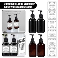 2 Pcs 500ml Pump Soap Dispenser Refillable Lotion Shampoo Bottles with 6 Labels