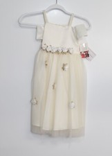 Girls Ivory Dress W/ Floral Embellishments  Tulle Skirt Off-Shoulder  Bow Back