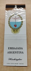 Embajada Argentina Argentine Embassy Matchbook Cover Washington DC Logo Color