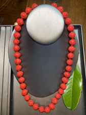Red Carved Cinnabar 1/2" Bead Asian Necklace China 22" Shou Longevity Health