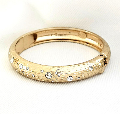Premier Designs Rhinestone Bangle Bracelet Latching Textured Gold Tone Jewelry
