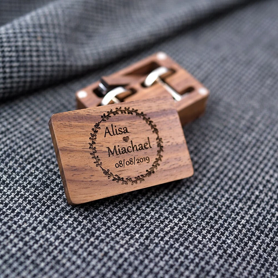  Regalo Boda Personalizado Hombre Camisas Gemelos Plata Gemelos Puntas con Nombres Foto 3 de 4