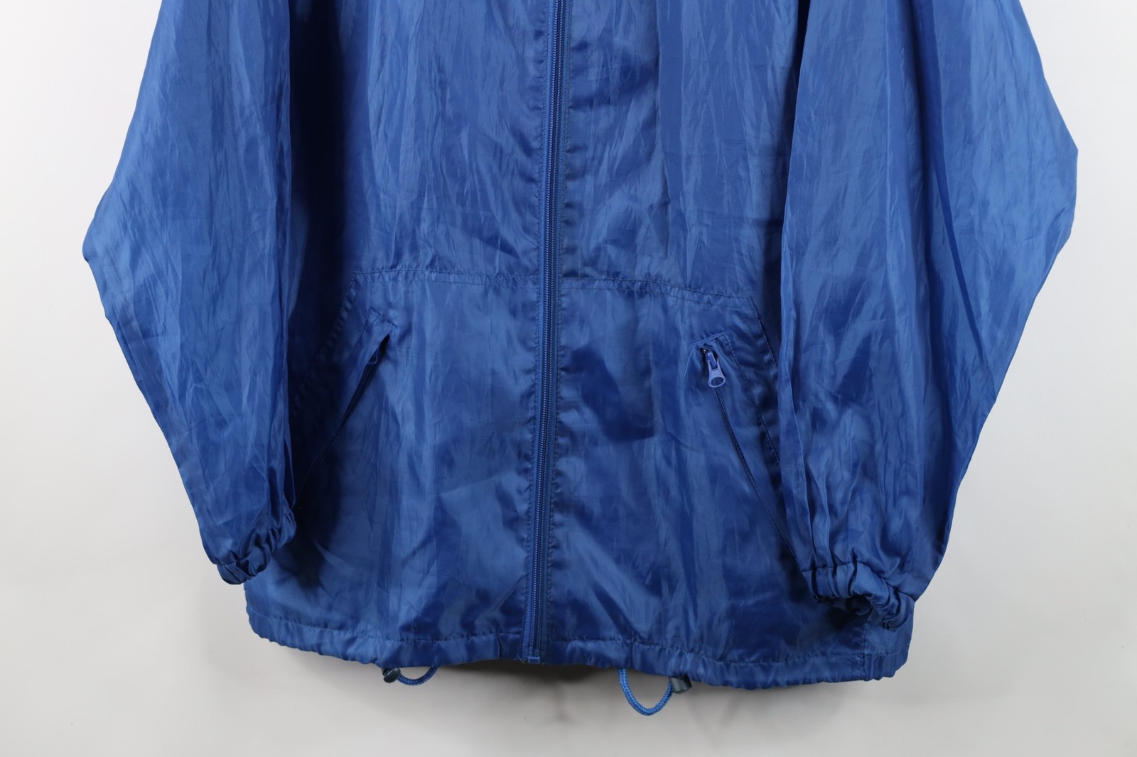 Vintage 90s ASICS Womens XL Distressed Spell Out Hooded Windbreaker Jacket Blue thumbnail 3