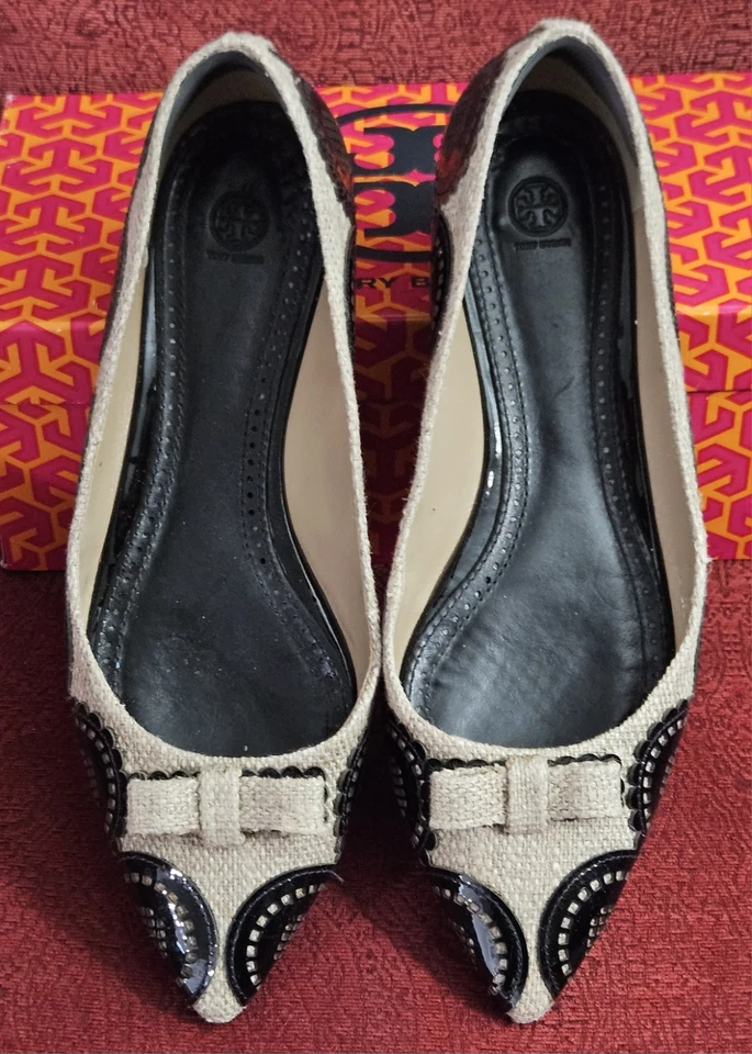 Tory Burch Mujer Natural/Negro Pippa Ballet-Arpillera Patente Becerro Plano Talla 8.5M  Foto 3 de 4