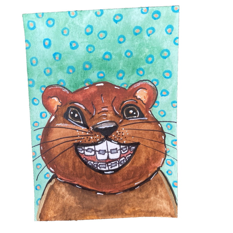 ACEO Original Watercolor Painting Brown Hamster with Braces Animal Art Pet