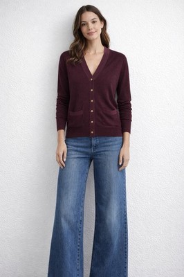 J. Crew V-Neck Cardigan Sweater Wine Color Merino Wool Button Down Small Gold 2A