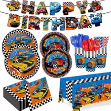 194pc Race Car Birthday Party Supplies: Plates, Napkins, Banner  Tablecover Set