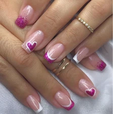 Valentines 24 Pcs Press-on Nails Medium Square -Purple & White French w/Hearts