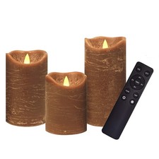 Set of 3 Brown Real Wax Flameless LED Candles 3" x 4" 5" 6" Remote Timer Set