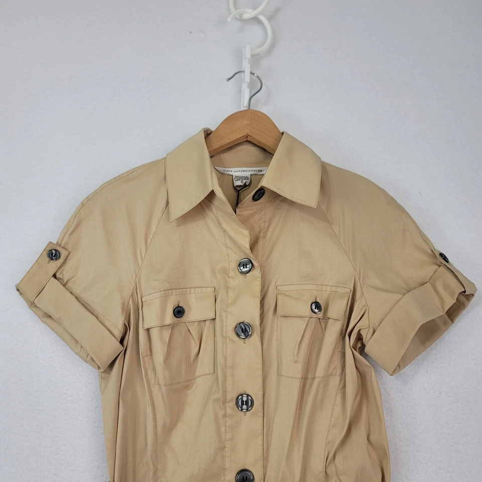 NWT Diane Von Furstenberg VTG Khaki Cotton Short Sleeve Shirt Dress Size 10 - Image 3 of 4
