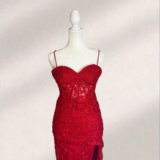 Red Floral Lace Formal Gown with Spaghetti Straps and Train