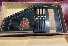 Vintage German 6 Bar Autoharp, Rose Design, Original Box, Book, Song Folio & Key