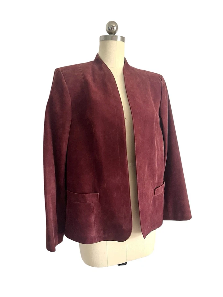 复古 70 年代波尔多红色麂皮绒丝绒夹克开襟经典西装外套女式 — 第 3/4 张图片