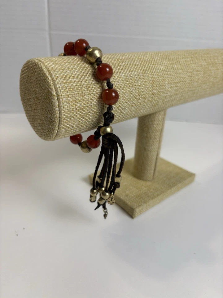 Браслет Lucky Brand кожаный шнур латунь и сердолик бусины регулируемый унисекс богемное - Изображение 2 из 4