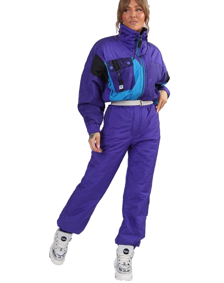 Traje de esquí Kaelin traje de nieve de una pieza de colección años 80 90 para mujer 8 púrpura retro babero de nieve Foto 2 de 4