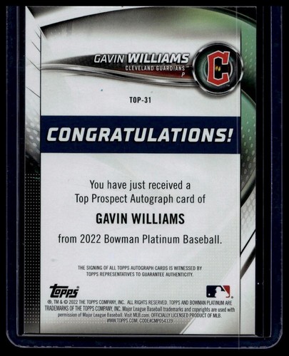 Gavin Williams 2022 Bowman Platinum #TOP-31 Top Prospect Autograph Guardians - Picture 2 of 2