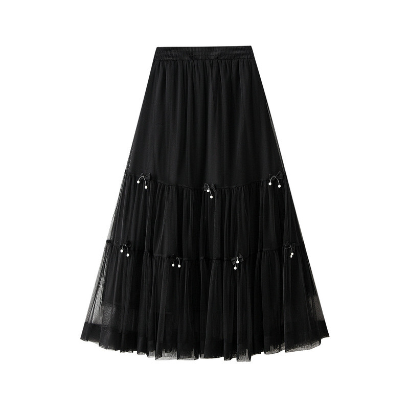 Women's Spring Summer Flowy A-Line Long Skirt with Bowknot Mesh Layered Hem