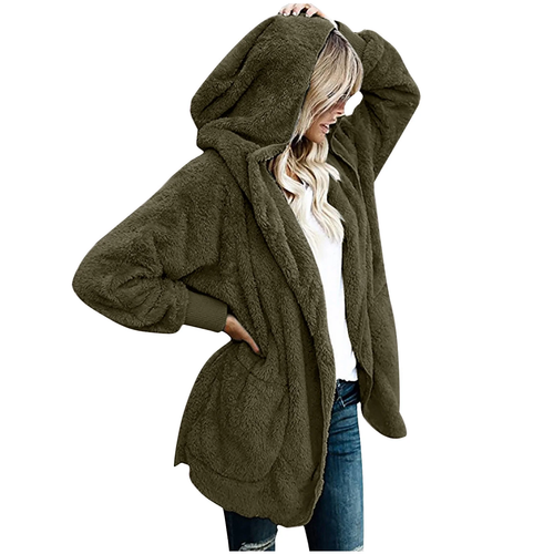 Women Hooded Cardigan Fuzzy Fleece Warm Jacket Winter Open Front Coat Outwear wi