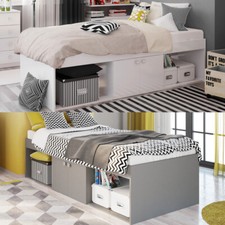 Kids Low Sleeper, Arctic White or Grey Wooden 3ft Single 4 Mattress Options