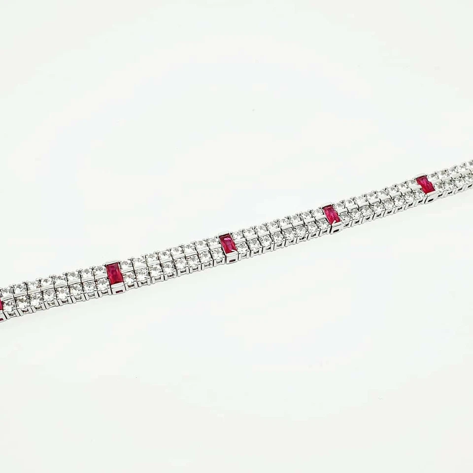 Double Row white gold finish Created Diamond and red ruby tennis bracelet - Image 3 of 4