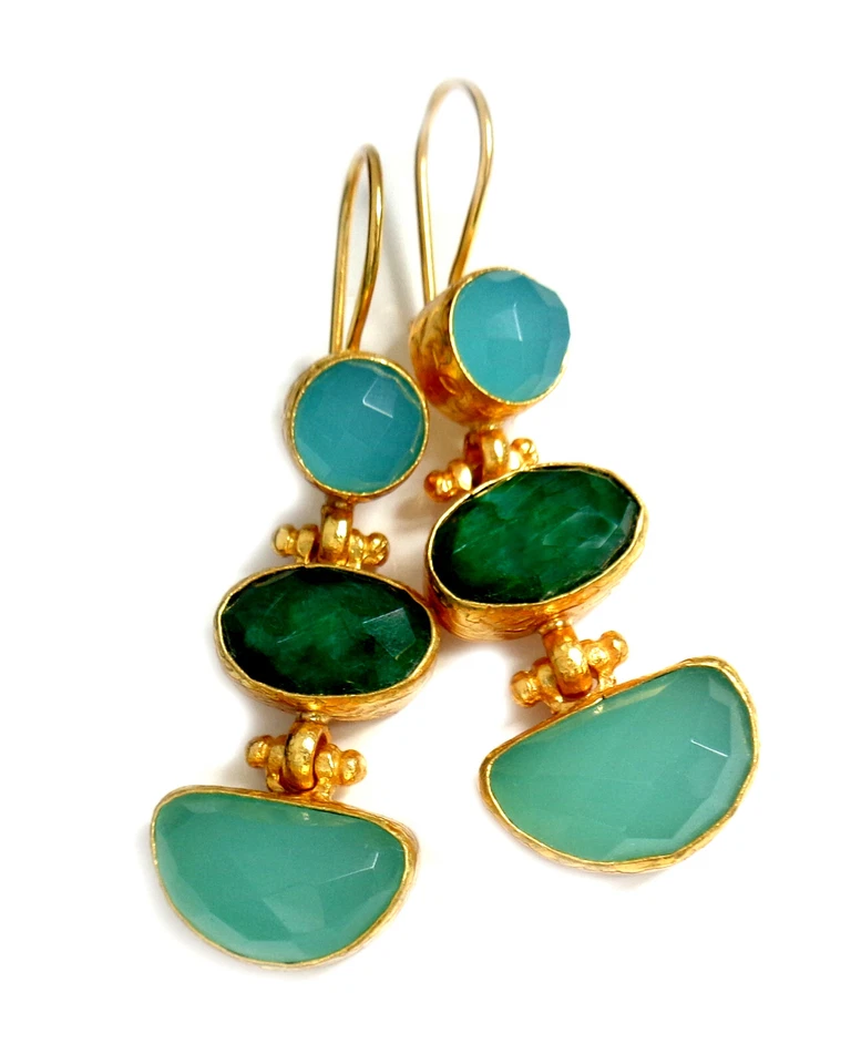 Ohrhänger Aquachalcedon Chalcedon + Smaragd Messing vergoldet  5,3 cm  IFE610