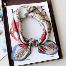 100 Silk Women Neckerchief Wrap Bandana White Red Blue Flowers 27" Square Scarf