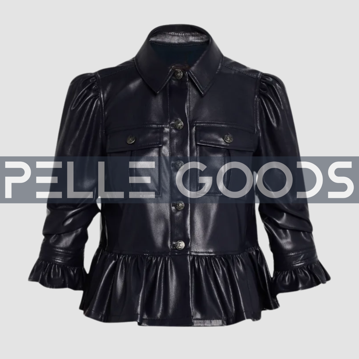 Womens Peplum Leather Jacket With Ruffle Details Navy Leather blouse With  Pocket
