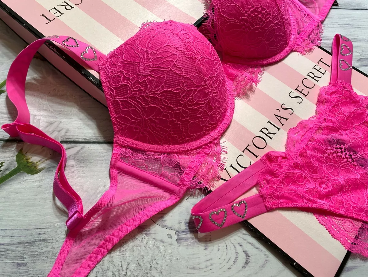 Victoria's Secret Very Sexy Lace Hearts Shine Strap Push-Up Bra Set Pink