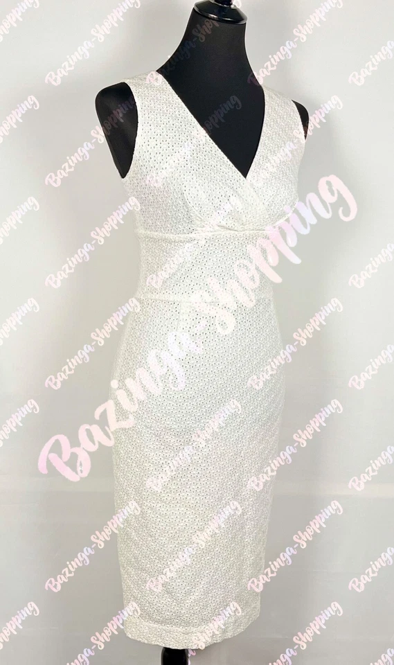 Marc Cain Kleid N1 DE 34 XS Etuikleid Weiß Ärmellos V-Ausschnitt Lochspitze - Bild 4 von 4