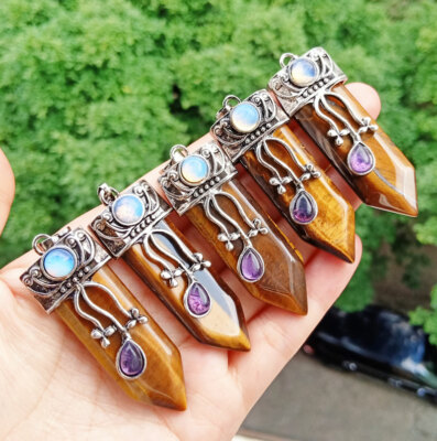 5pcs Tiger eye Stone Sword Pendants Prism Chakra Reiki Healing Amulet