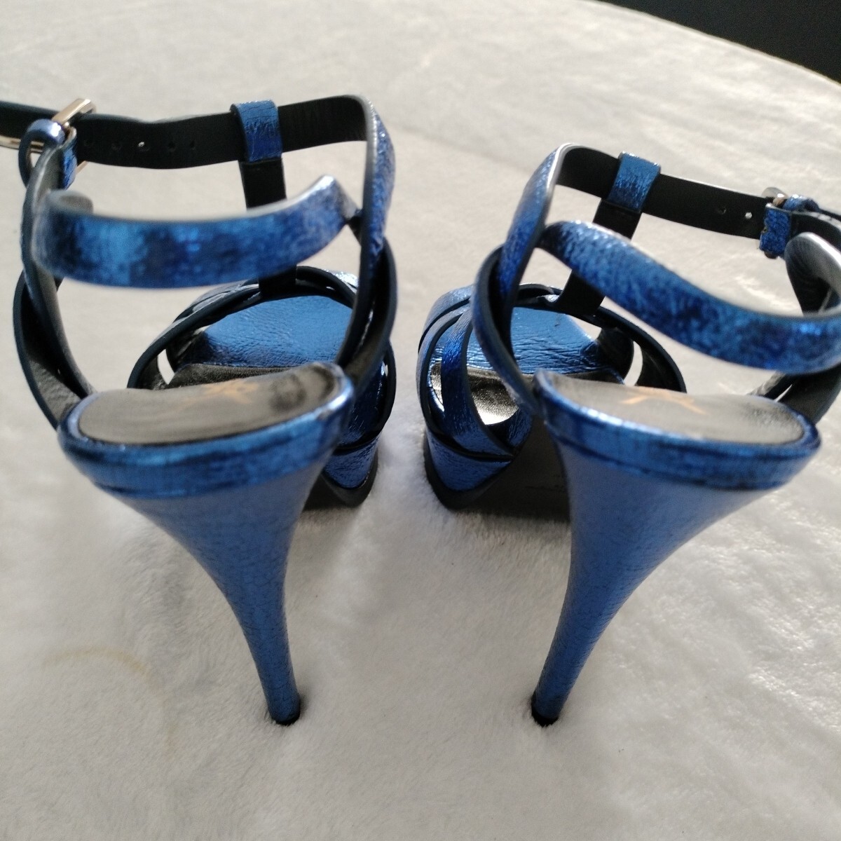 Saint Laurent Tribute sandalo plateau metallizzato in metallo blu taglia 5