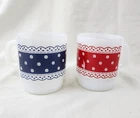2 VTG Anchor Hocking FIRE KING Red/Blue Polkadot w/Lace White Milk Glass MUG/CUP