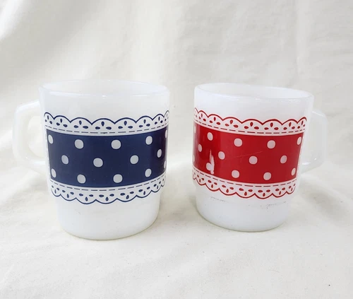 2 VTG Anchor Hocking FIRE KING Red/Blue Polkadot w/Lace White Milk Glass MUG/CUP