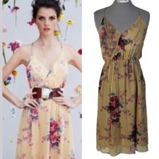 Anthropologie Meadow Rue Floral Dress Women’s Size 4 Yellow Pink Silk V-Neck