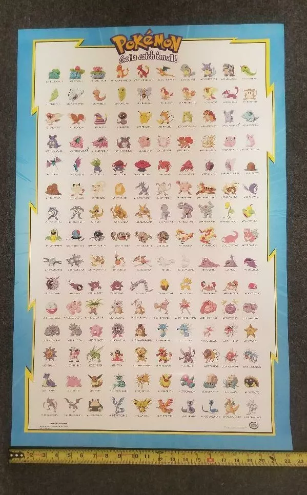 Pokemon Original 150 Characters Poster 22X34 Nintendo 1998 Gotta