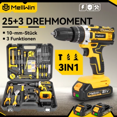 MELLWIN Akkuschrauber Set 21V Akku-Schlagbohrschrauber 45tlg Werkzeugkoffer Set 2 Akkus