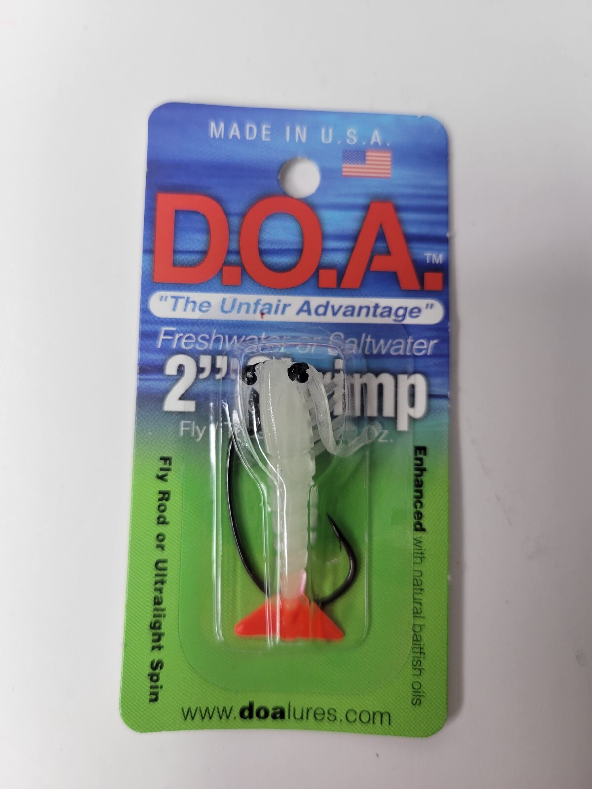 D.O.A. FSH2-329 Shrimp Nite Glow Fire Tail 2" Soft Plastic Fishing Lure + Hook