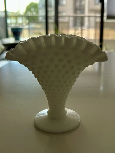 Small Vase Vintage White Milk Glass Hobnail Pattern Ruffled Edge  4 Inch