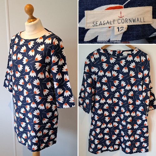 SEASALT CORNWALL SOL BALZE TUNIC 100% LINEN BLUE FLORAL 3/4 SLEEVE DRESS SIZE 12 - Picture 1 of 10