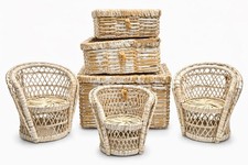 Set 6 pezzi mini sedia vintage in vimini pavone e cesto nido rettangolare boho