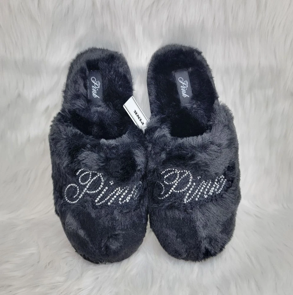 РОЗОВЫЙ Victorias Secret искусственного меха закрытый носок блестящий логотип тапочки женщин размер XL новый - Изображение 3 из 4