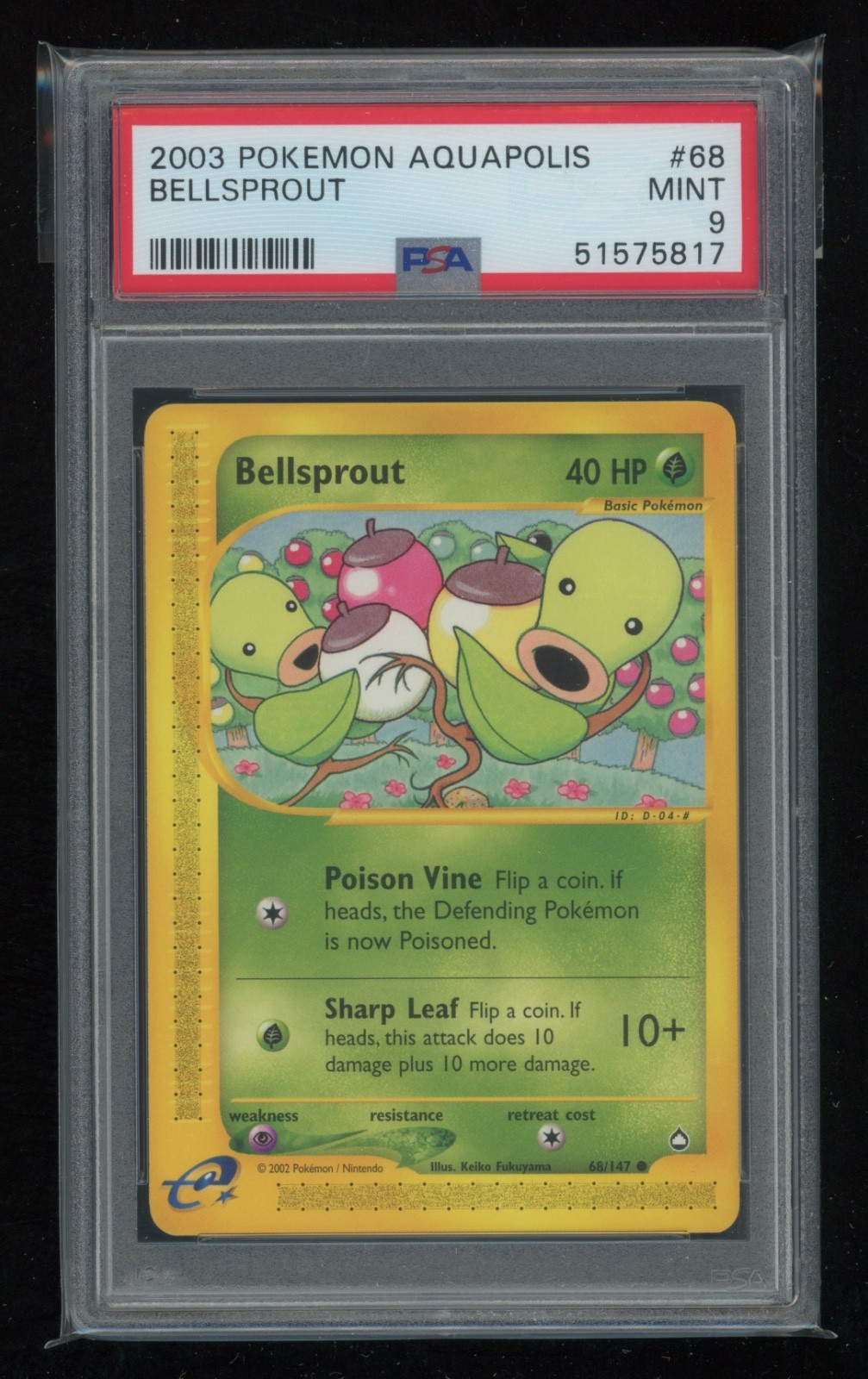 POKEMON Aquapolis BELLSPROUT 68/147 Common PSA 9 MINT Vintage WOTC Low POP 24