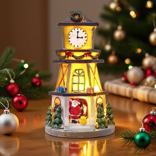 Christmas Village Decorative Resin Clock Tower with LED Lights Ornament - Picture 8 of 12