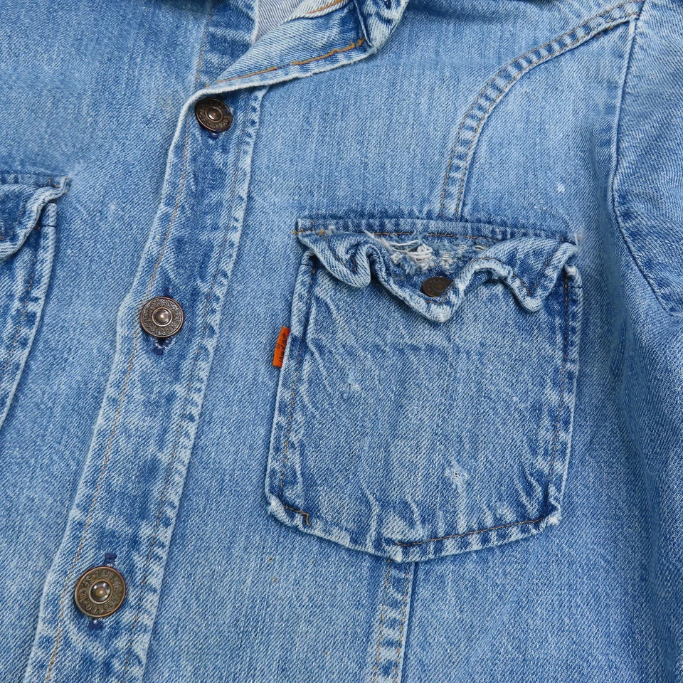 Vtg Levis Denim Shirt Men Medium Blue Western Sawtooth Orange Tab 70s Distressed - Image 2 of 4