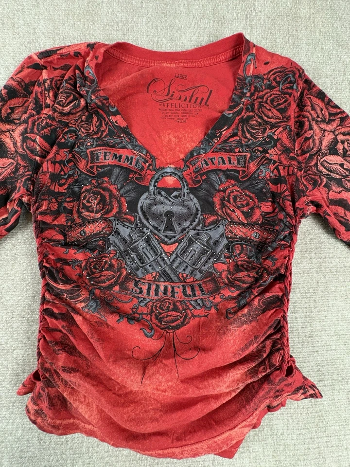 Vintage Y2K Sinful By Affliction Red Bedazzled LS Tee Womens Size L - Image 2 of 4